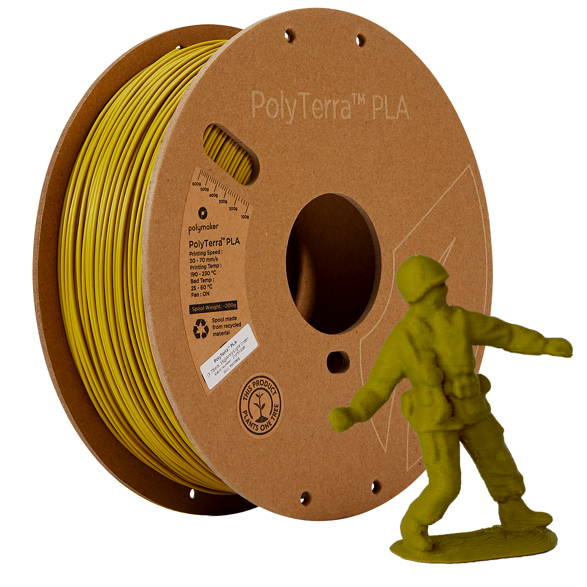 Filamentspole PLA mat armygrøn, Polymaker, 1,75 mm