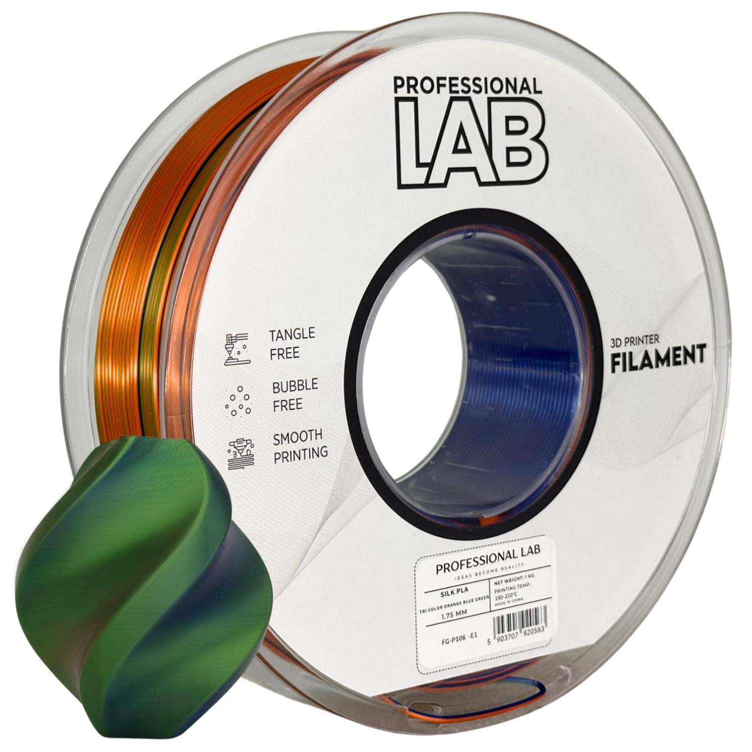Filamentspole Silk PLA Tri Color orange blå grøn, Prof. Lab, 1,75 mm