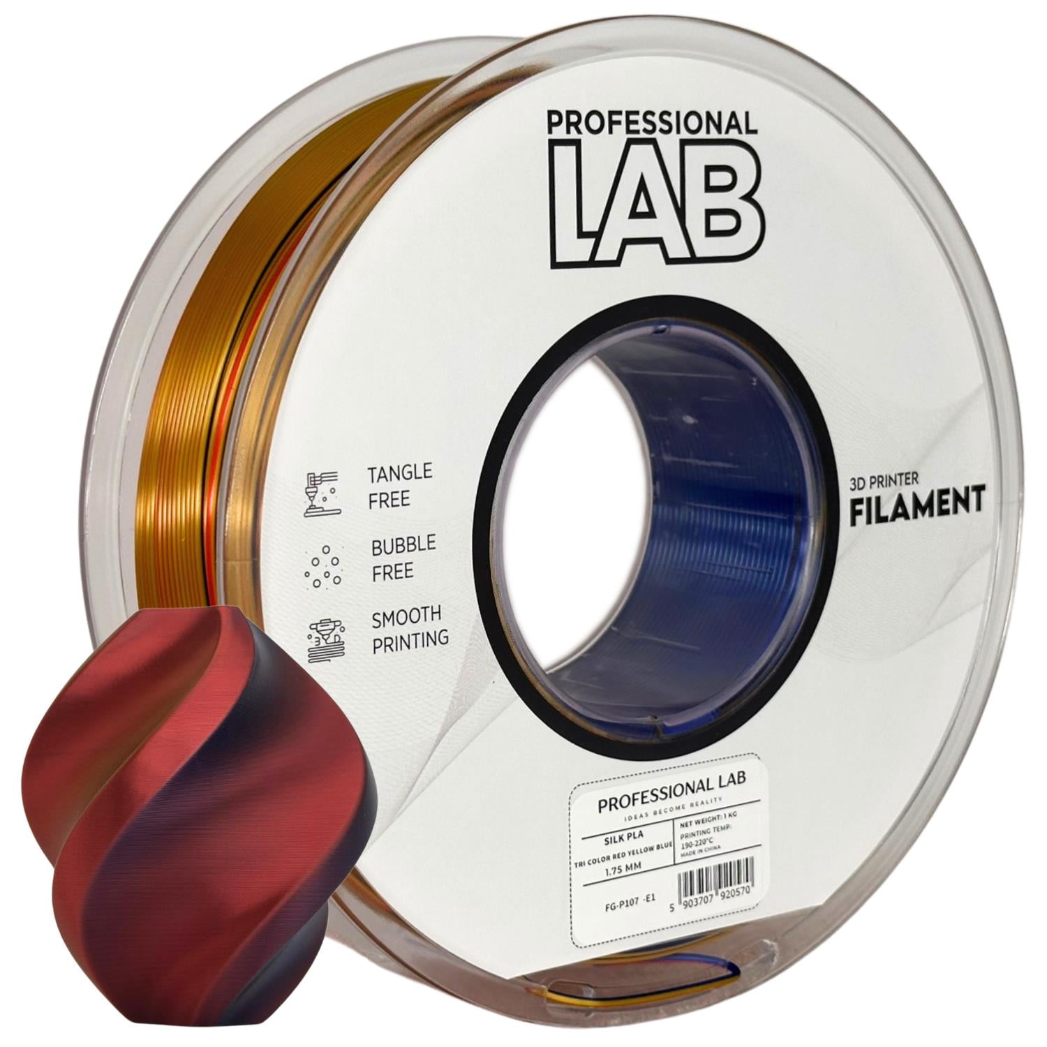 Filamentspole Silk PLA Tri Color rød gul blå, Prof. Lab, 1,75 mm