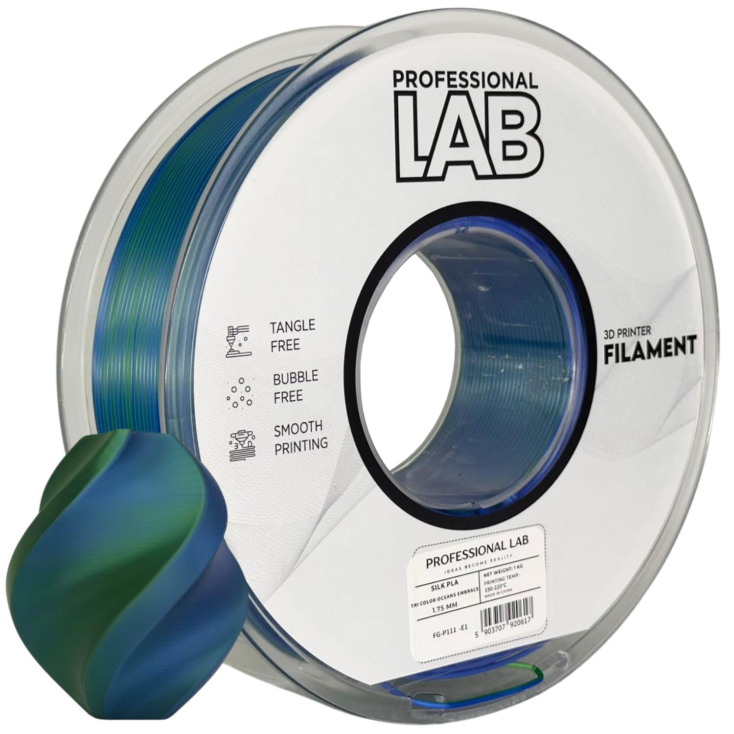 Spool of Silk PLA Tri Color Oceans Embrace filament, Prof. Lab, 1.75 mm