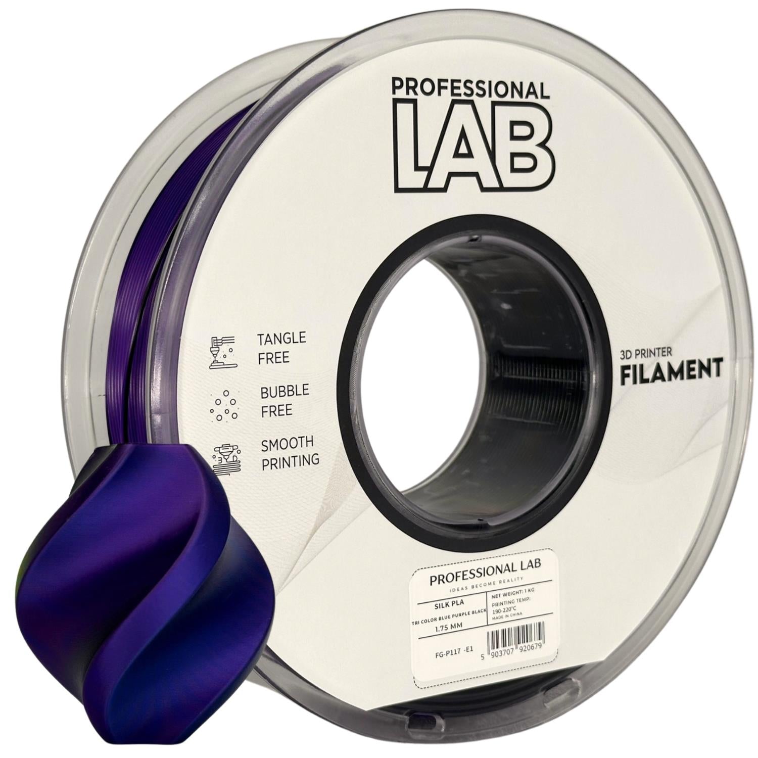 Filamentspole Silk PLA Tri Color blå lilla sort, Prof. Lab, 1,75 mm