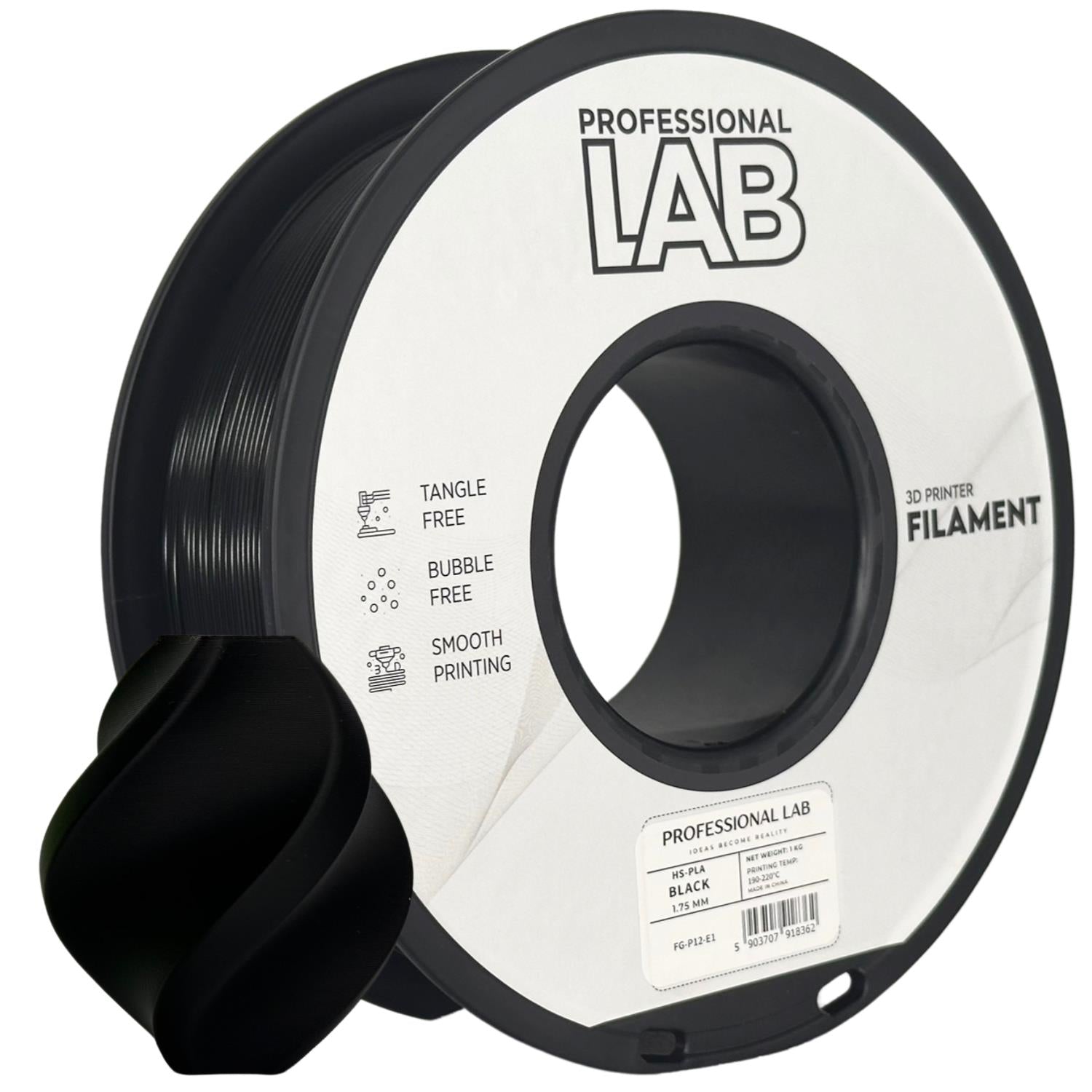 Spool of HS-PLA black filament, Prof. Lab, 1.75 mm