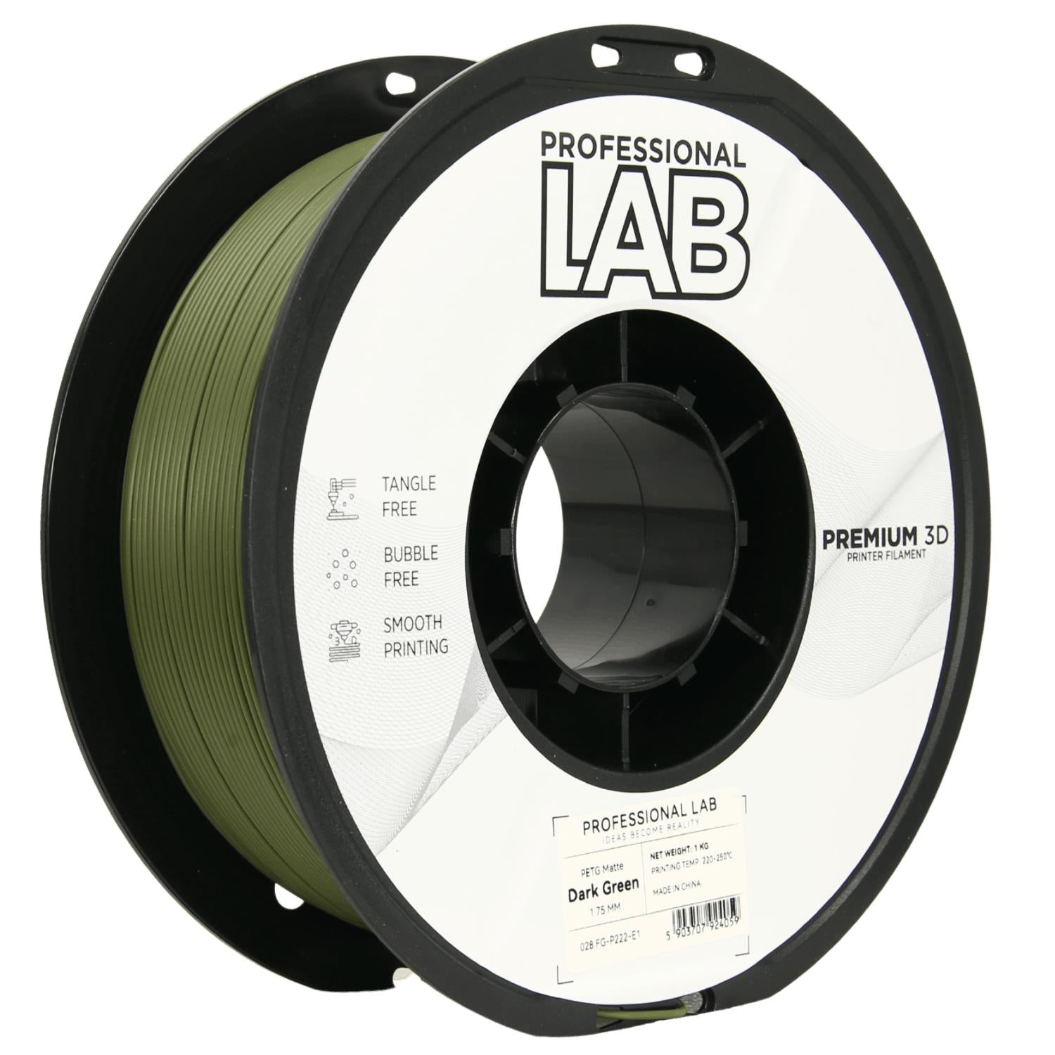 Filamentspole PETG mat mørkegrøn, Prof. Lab, 1,75 mm