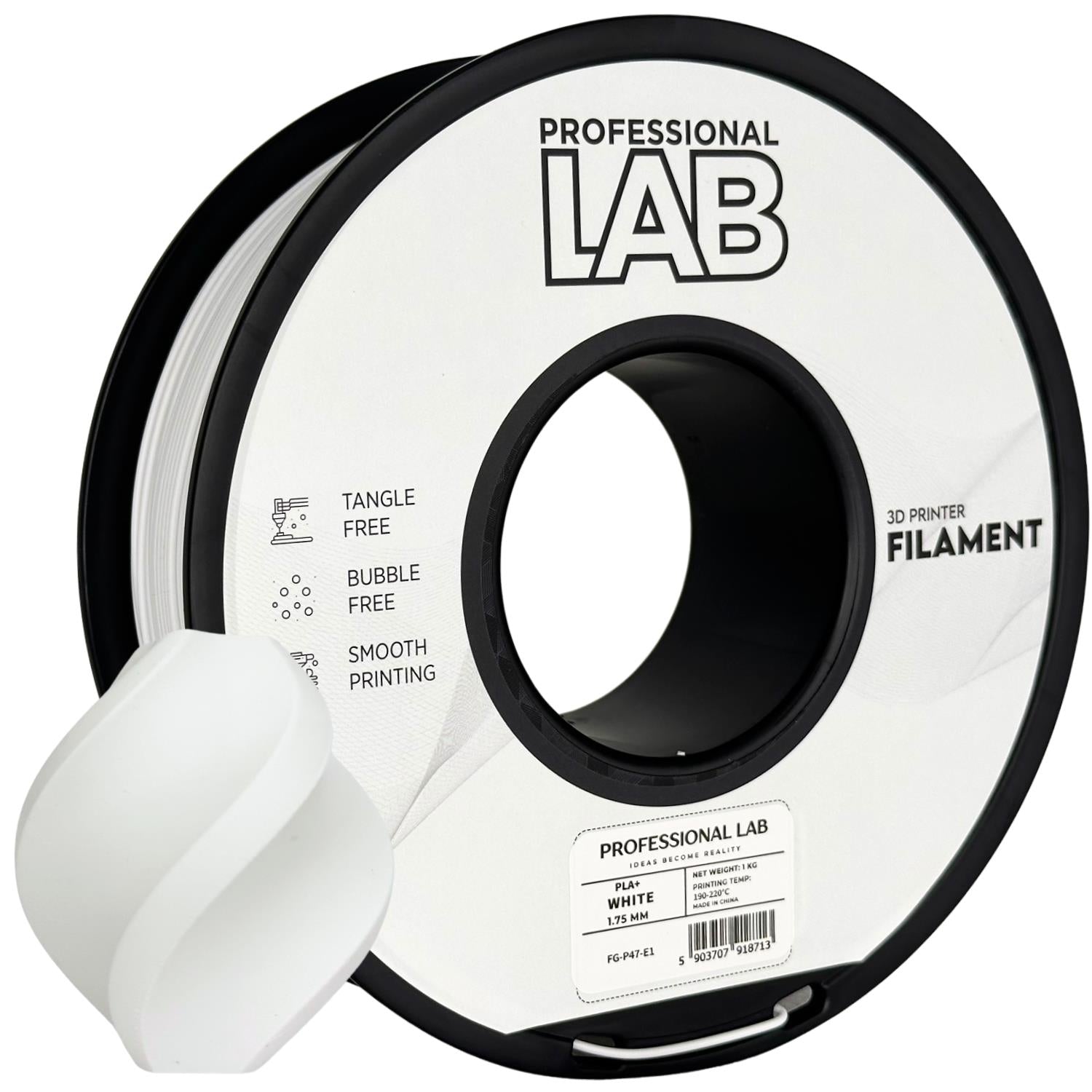 Filamentspole PLA+ hvid, Prof. Lab, 1,75 mm