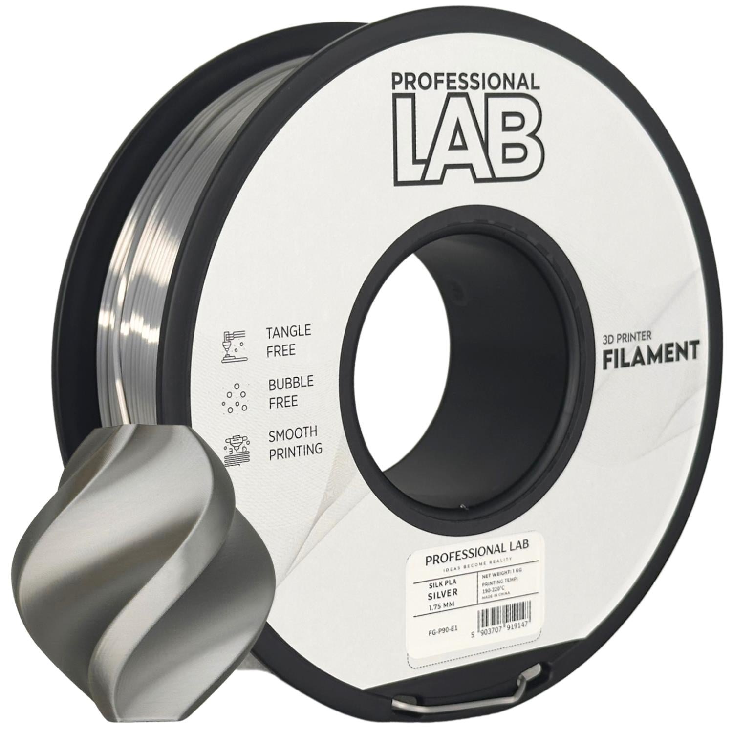 Filamentspole Silk PLA sølv, Prof. Lab, 1,75 mm