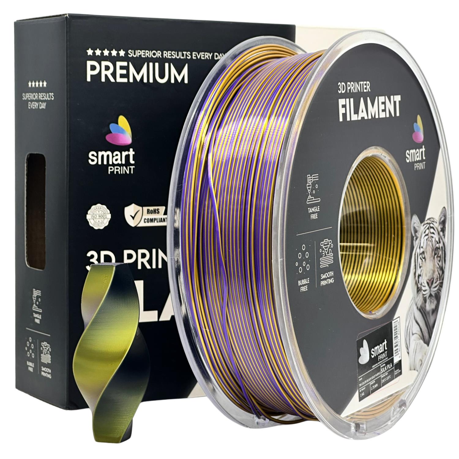 Filamentspole Silk PLA Tri Color sort guld lilla, Smart Print, 1,75 mm