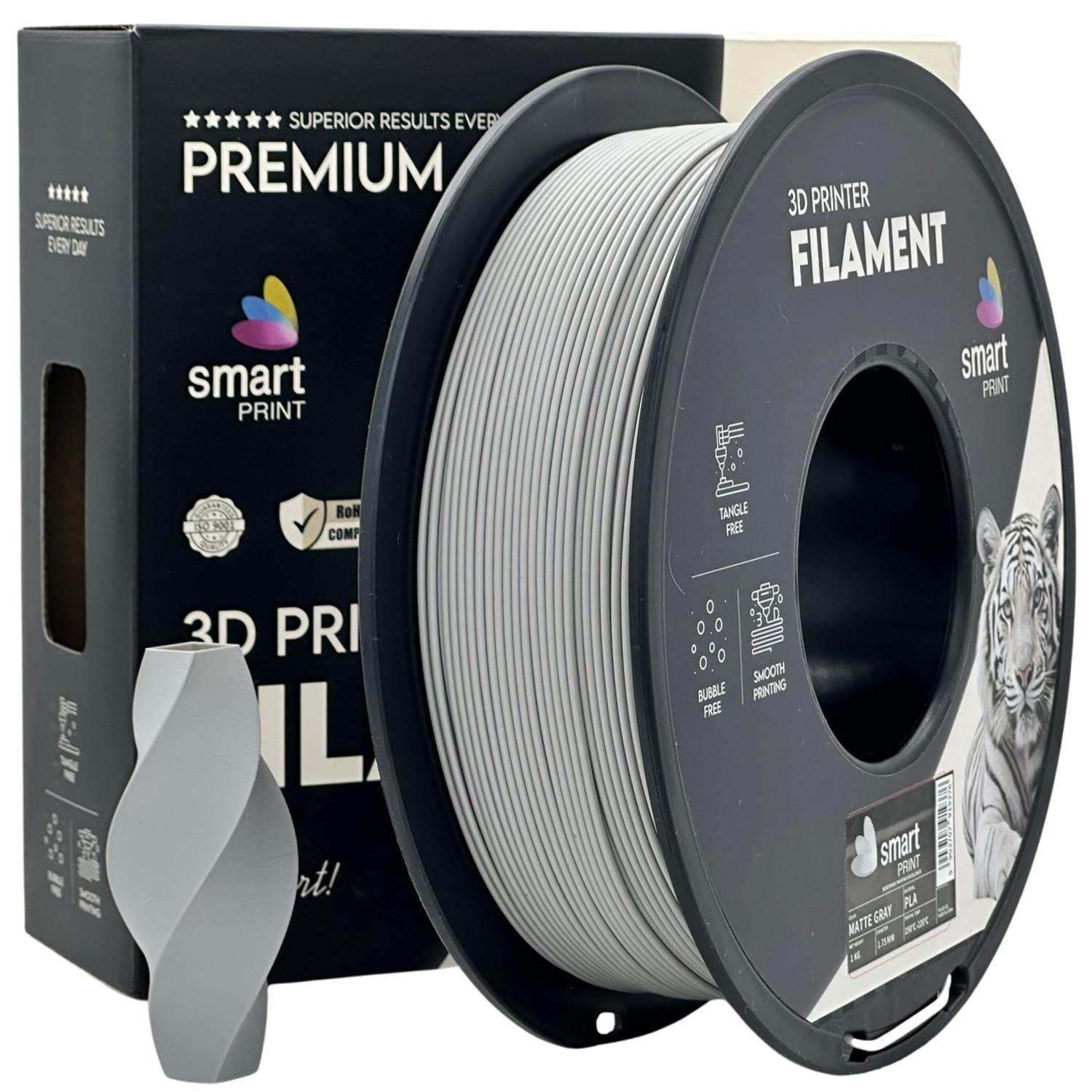 Filamentspole PLA mat grå, Smart Print, 1,75 mm