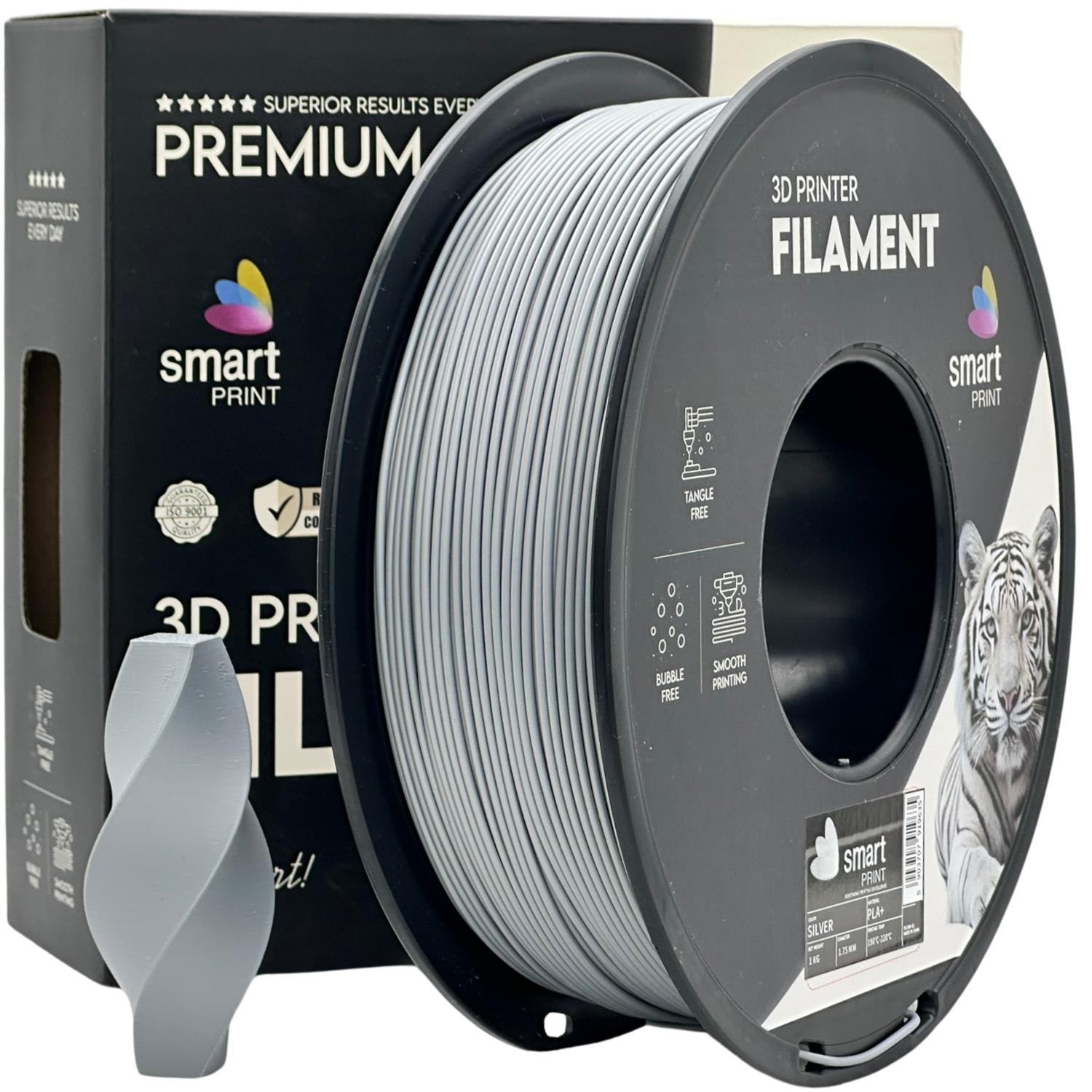 Spool of PLA+ silver filament, Smart Print, 1.75 mm