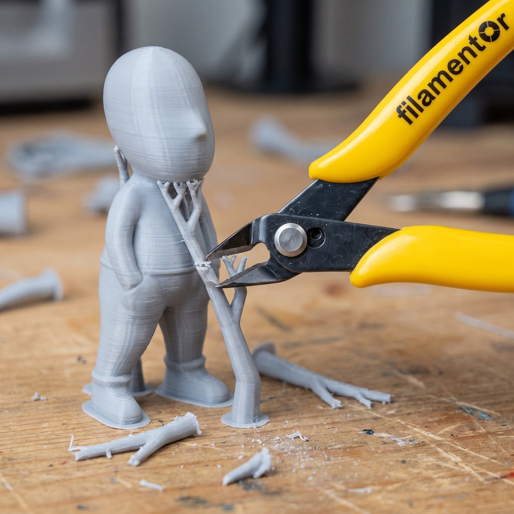 Filamentor flush cutters removing supports from a grey 3D print