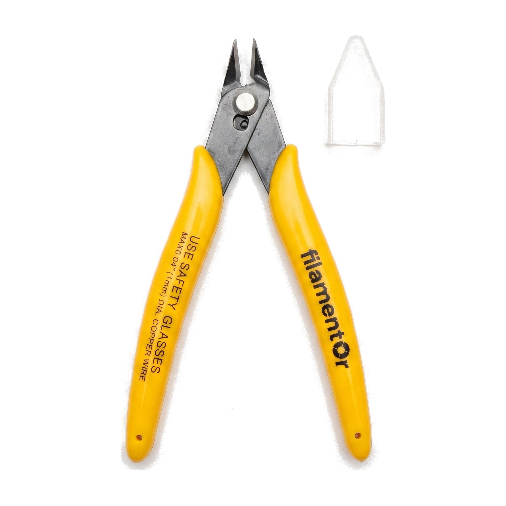 Filamentor flush cutters for filament, yellow handle, steel blade and clear blade cap
